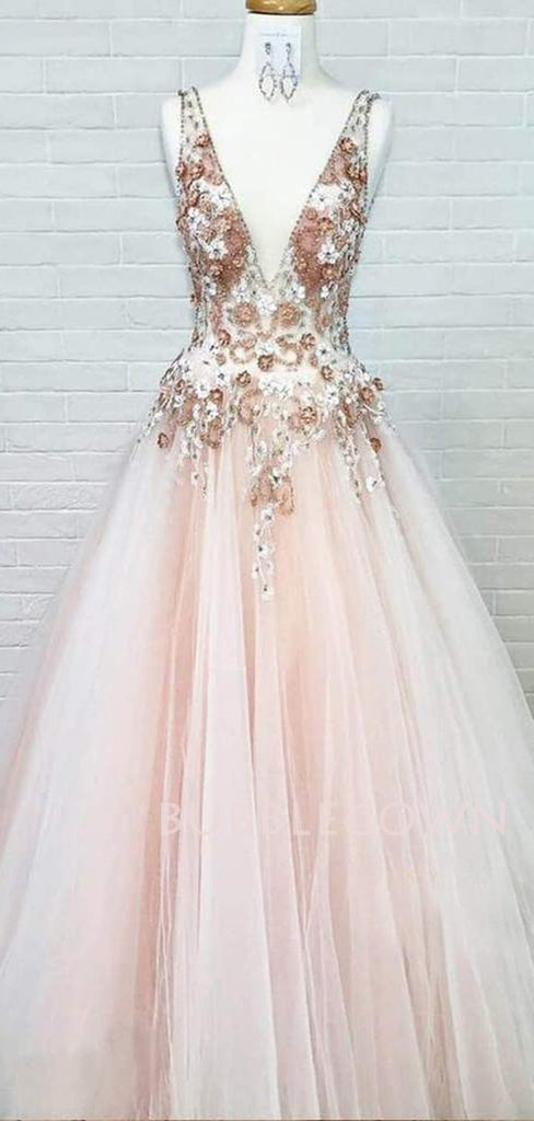 Pink Tulle See Throuth V Neck Appliques Lace A-line Long Evening Prom Dresses, Cheap Custom V Back Prom Dress, MR7466