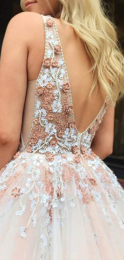 Pink Tulle See Throuth V Neck Appliques Lace A-line Long Evening Prom Dresses, Cheap Custom V Back Prom Dress, MR7466