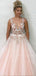 Pink Tulle See Throuth V Neck Appliques Lace A-line Long Evening Prom Dresses, Cheap Custom V Back Prom Dress, MR7466