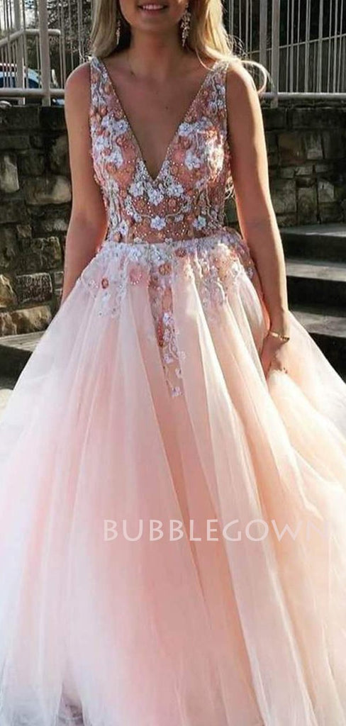 Pink Tulle See Throuth V Neck Appliques Lace A-line Long Evening Prom Dresses, Cheap Custom V Back Prom Dress, MR7466