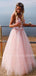 Pink Tulle See Throuth V Neck Appliques Lace A-line Long Evening Prom Dresses, Cheap Custom V Back Prom Dress, MR7466