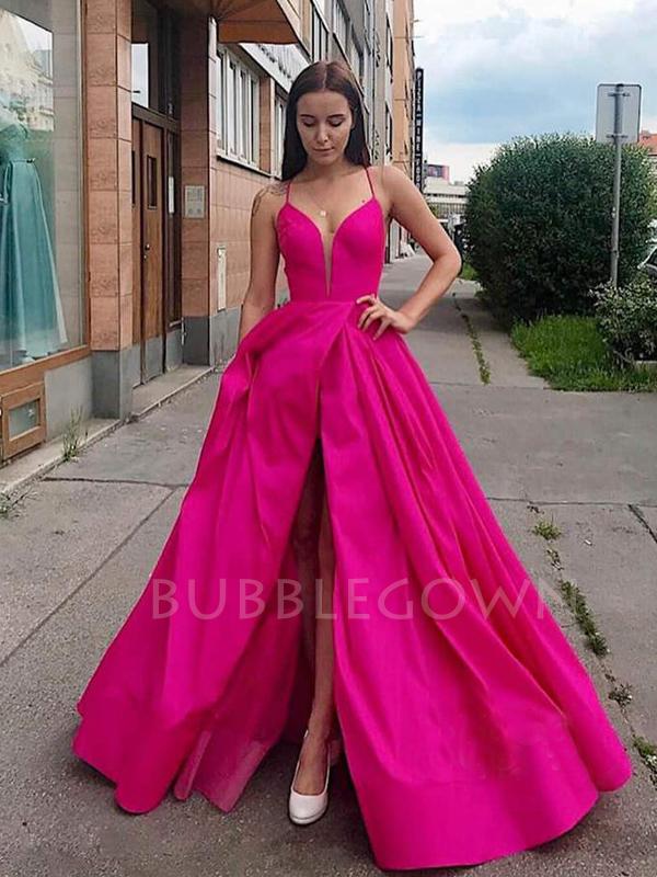 A-Line Fuchsia Satin V Neck High Slit Long Evening Prom Dresses, Cheap Custom prom dresses, MR7468