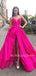 A-Line Fuchsia Satin V Neck High Slit Long Evening Prom Dresses, Cheap Custom prom dresses, MR7468