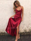 Burgundy Spaghetti Straps Backless Side Slit Formal Long Evening Prom Dresses, MR7469