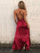 Burgundy Spaghetti Straps Backless Side Slit Formal Long Evening Prom Dresses, MR7469