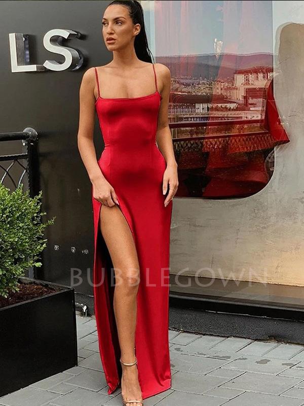 Red Satin Spaghetti Straps Side Slit Long Evening Prom Dresses, Cheap Custom Prom Dresses, MR7472