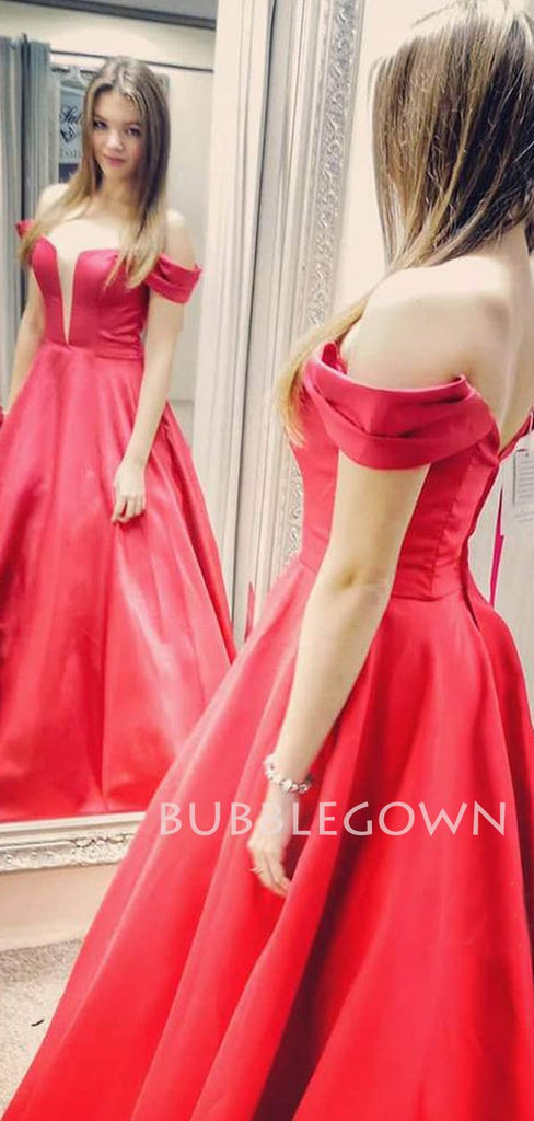 A-line Off Shoulder Red Satin Deep V Neck Long Evening Prom Dresses, Cheap Custom Prom Dresses, MR7473