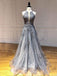 A-Line GreyTulle Appliques Lace Long Deep V Neck Evening Prom Dresses, Cheap Custom Prom Dress, MR7475