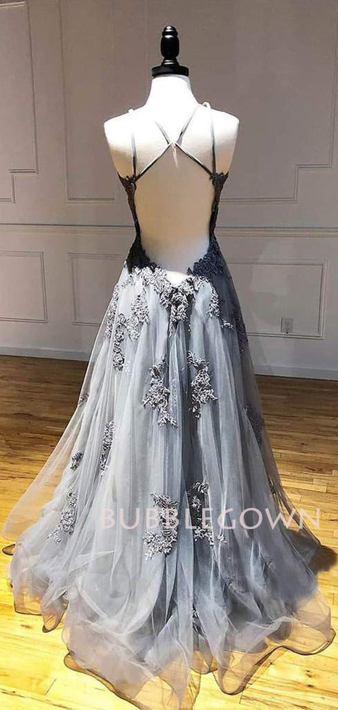 A-Line GreyTulle Appliques Lace Long Deep V Neck Evening Prom Dresses, Cheap Custom Prom Dress, MR7475