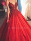 Sexy Deep V Neck A-line Red Satin Appliques Long Evening Prom Dresses, Cheap Custom Prom Dress, MR7483