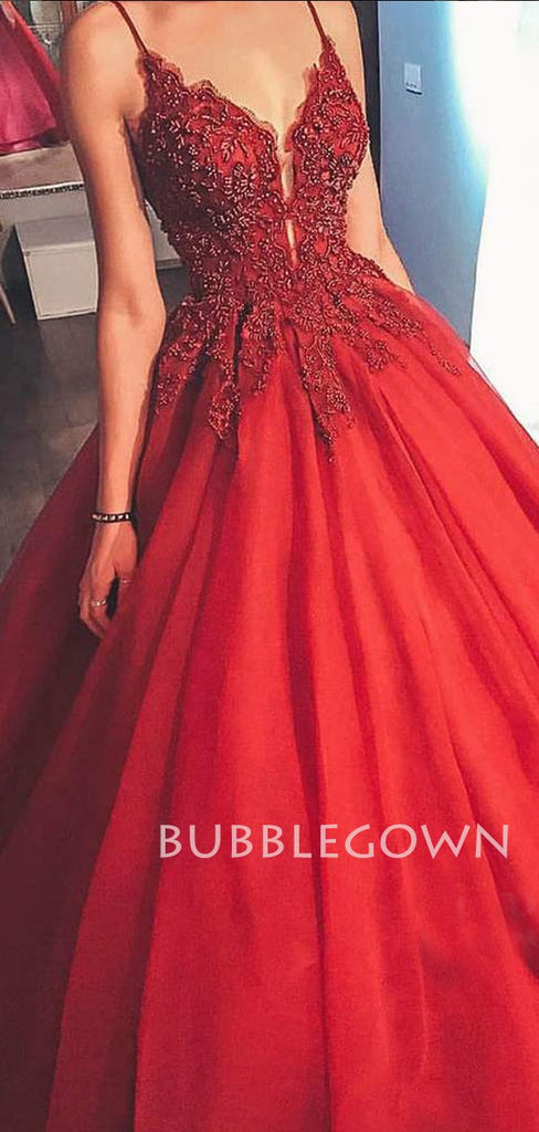 Sexy Deep V Neck A-line Red Satin Appliques Long Evening Prom Dresses, Cheap Custom Prom Dress, MR7483