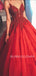 Sexy Deep V Neck A-line Red Satin Appliques Long Evening Prom Dresses, Cheap Custom Prom Dress, MR7483