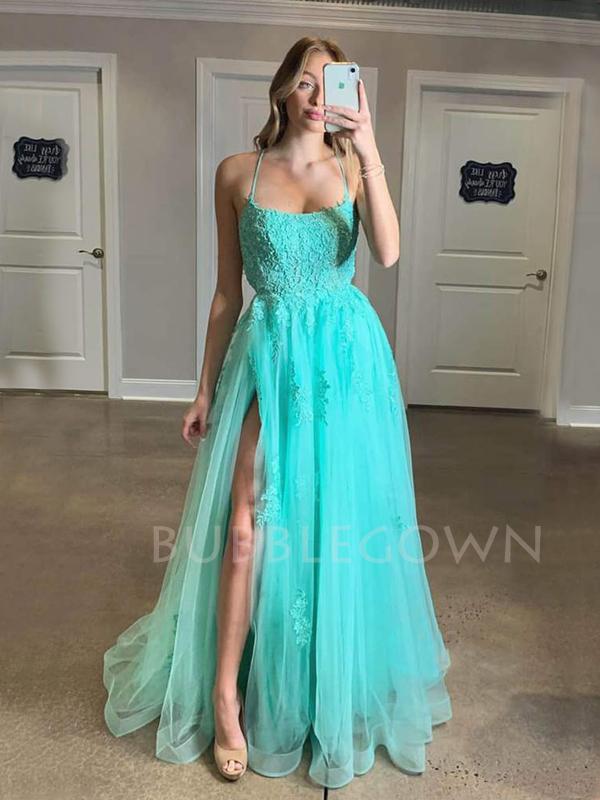 A-line Spaghetti Straps Tulle Side Slit Lace Long Evening Prom Dresses, MR7485