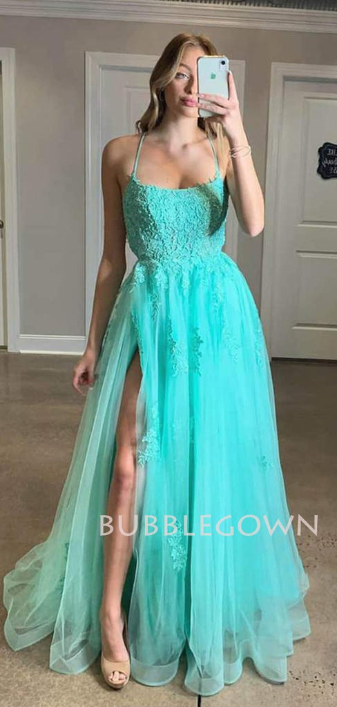 A-line Spaghetti Straps Tulle Side Slit Lace Long Evening Prom Dresses, MR7485