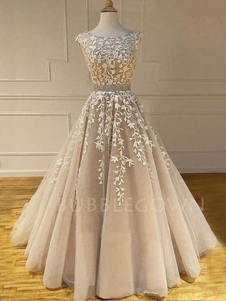 A-line Tulle Beaded Lace Long Appliques Evening Prom Dresses, Cheap Sweet Prom Dresses, MR7487