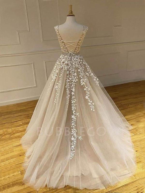 A-line Tulle Beaded Lace Long Appliques Evening Prom Dresses, Cheap Sweet Prom Dresses, MR7487