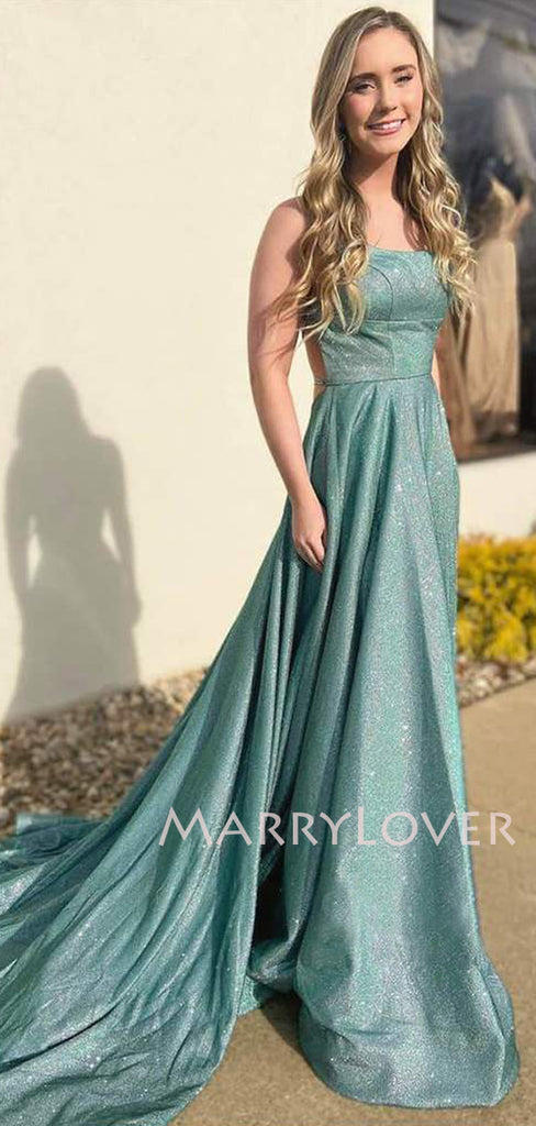 A-Line Spaghetti Straps Sparkly Backless Long Evening Prom Dresses, Cheap Custom Prom Dress, MR7491