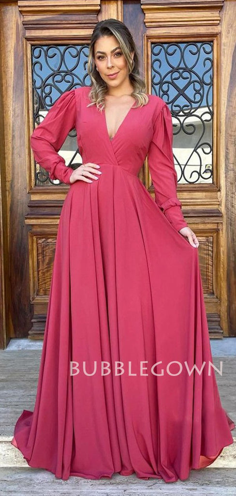 Long Sleeves Deep V Neck Chiffon Long Evening Prom Dresses, Cheap Custom Prom Dresses, MR7496