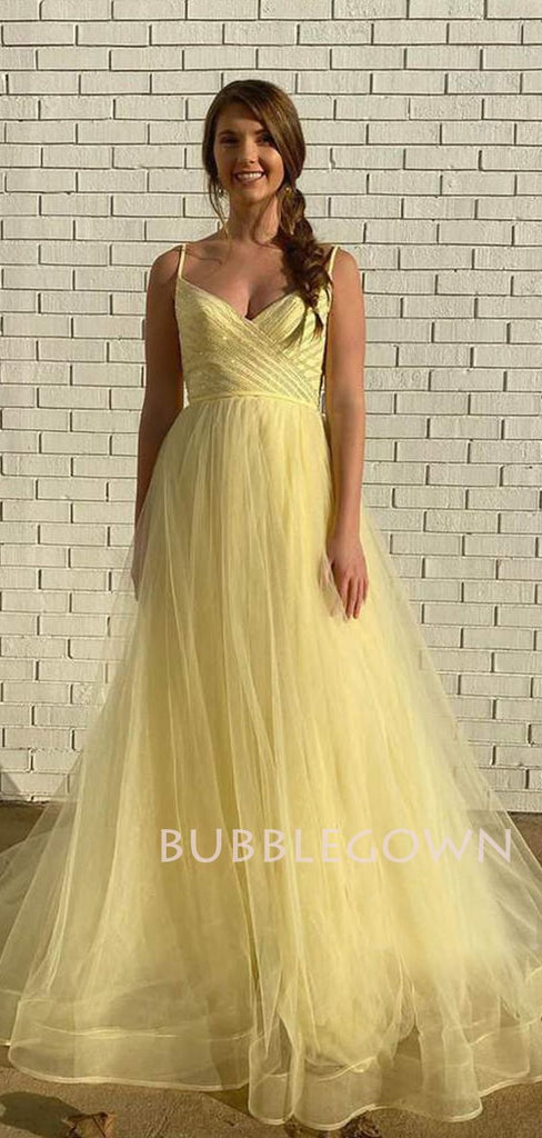 Yellow Tulle V Neck A-line Long Spaghetti Straps Long Evening Prom Dresses, Cheap Custom V Back Prom Dress, MR7550