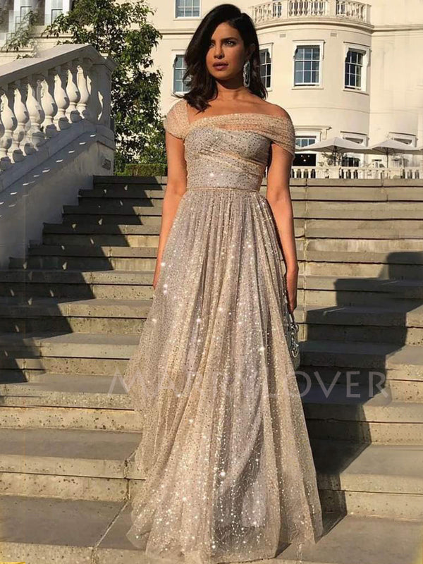 Off Shoulder A-Line Sequin Sparkly Long Evening Prom Dresses, Cheap Custom Prom Dress, MR7504