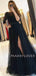 A-line See Throuth Long Sleeves Tulle Side Slit Long Lace Evening Prom Dresses, Cheap Custom V Neck Prom Dress, MR7505