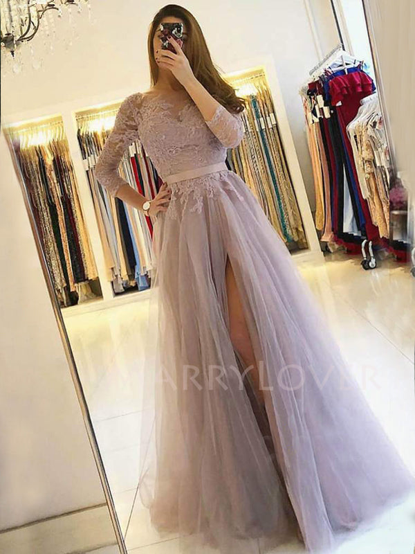 A-line See Throuth Long Sleeves Tulle Side Slit Long Lace Evening Prom Dresses, Cheap Custom V Neck Prom Dress, MR7505