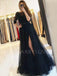 A-line See Throuth Long Sleeves Tulle Side Slit Long Lace Evening Prom Dresses, Cheap Custom V Neck Prom Dress, MR7505