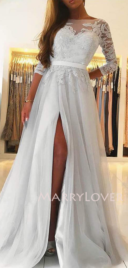 A-line See Throuth Long Sleeves Tulle Side Slit Long Lace Evening Prom Dresses, Cheap Custom V Neck Prom Dress, MR7505