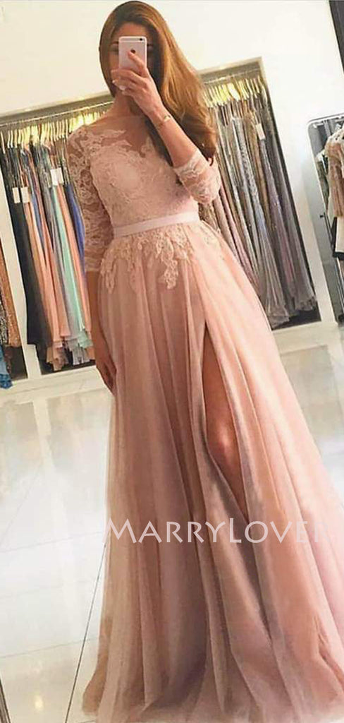 A-line See Throuth Long Sleeves Tulle Side Slit Long Lace Evening Prom Dresses, Cheap Custom V Neck Prom Dress, MR7505