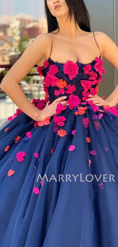 Ball Gown Navy Blue Tulle 3D Appliques Spaghetti Straps Long Evening Prom Dresses, Cheap Custom Prom Dresses, MR7522