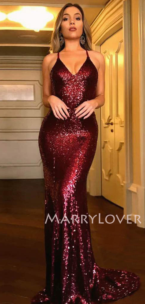 Sexy Backless Burgundy Sequin Mermaid Long Evening Prom Dresses, Cheap Custom Prom Dresses, MR7526