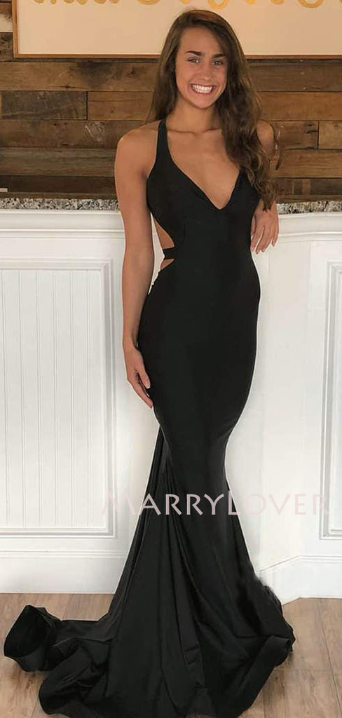 V Neck Bugundy Elastic Satin Mermaid Long Backless Evening Prom Dresses, Cheap Custom Prom Dresses, MR7536