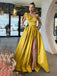 One Shoulder A-Line Yellow Satin Side Slit Long Evening Prom Dresses, Cheap Custom prom dresses, MR7539