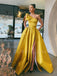 One Shoulder A-Line Yellow Satin Side Slit Long Evening Prom Dresses, Cheap Custom prom dresses, MR7539