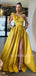 One Shoulder A-Line Yellow Satin Side Slit Long Evening Prom Dresses, Cheap Custom prom dresses, MR7539