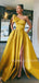 One Shoulder A-Line Yellow Satin Side Slit Long Evening Prom Dresses, Cheap Custom prom dresses, MR7539