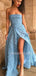 A-line Sky Blue 3D Lace Side Slit Long Evening Prom Dresses, Cheap Custom Prom Dress, MR7542