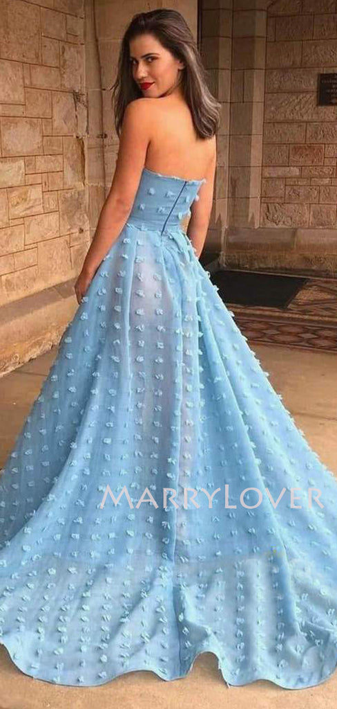 A-line Sky Blue 3D Lace Side Slit Long Evening Prom Dresses, Cheap Custom Prom Dress, MR7542