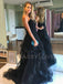 A-line V-neck Black Tulle Pleat Strapless Long Evening Prom Dresses, Cheap Custom Prom Dresses, MR7545