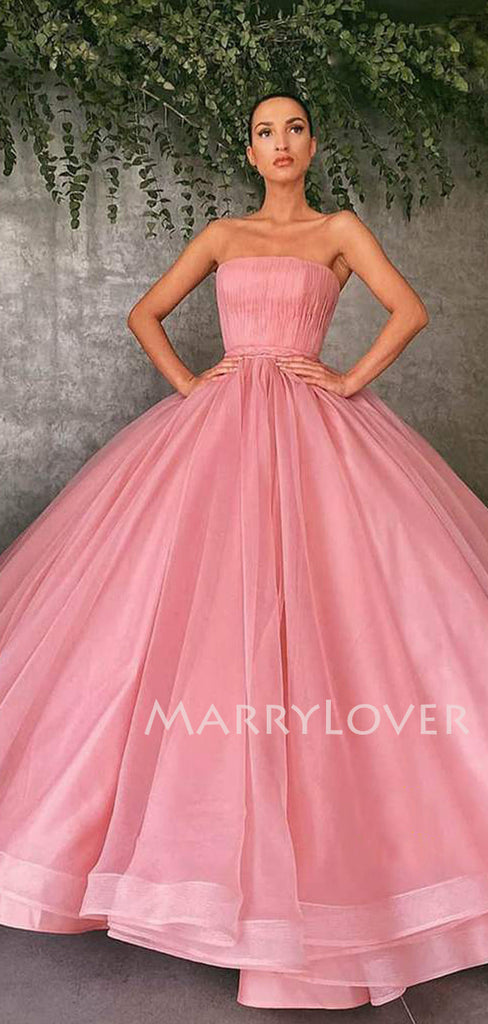 Ball Gown Pink Tulle Strapless Long Evening Prom Dresses, Cheap Custom Prom Dresses, MR7549