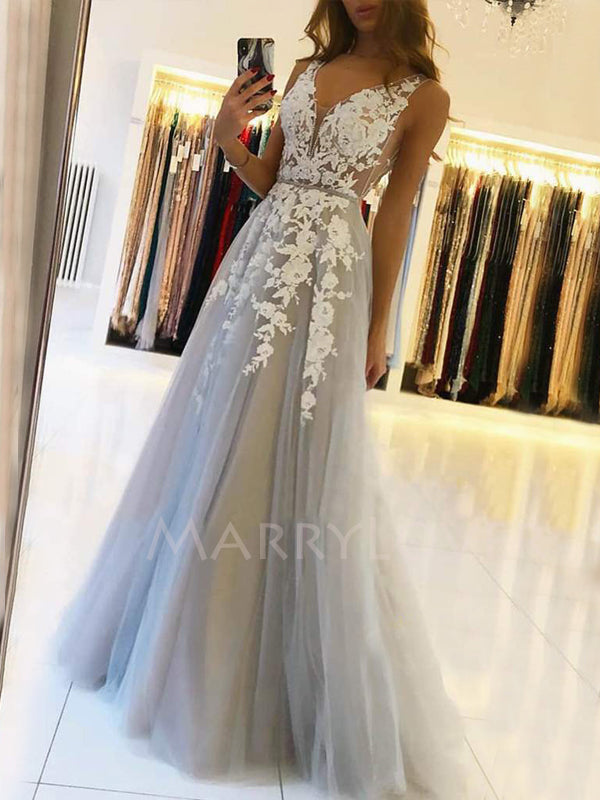 A-line V Neck Grey Tulle Appliques Lace Long Evening Prom Dresses, Cheap Custom Prom Dresses, MR7551