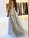 A-line V Neck Grey Tulle Appliques Lace Long Evening Prom Dresses, Cheap Custom Prom Dresses, MR7551