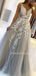 A-line V Neck Grey Tulle Appliques Lace Long Evening Prom Dresses, Cheap Custom Prom Dresses, MR7551