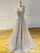 A-line Grey Tulle Appliques V Neck Long Evening Prom Dresses, Cheap Custom Prom Dresses, MR7553