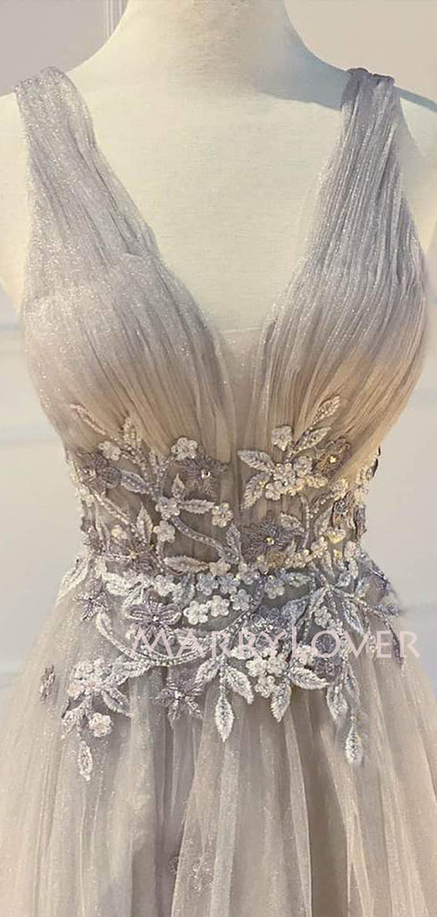 A-line Grey Tulle Appliques V Neck Long Evening Prom Dresses, Cheap Custom Prom Dresses, MR7553