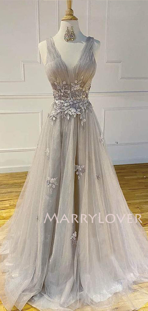 A-line Grey Tulle Appliques V Neck Long Evening Prom Dresses, Cheap Custom Prom Dresses, MR7553