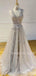 A-line Grey Tulle Appliques V Neck Long Evening Prom Dresses, Cheap Custom Prom Dresses, MR7553