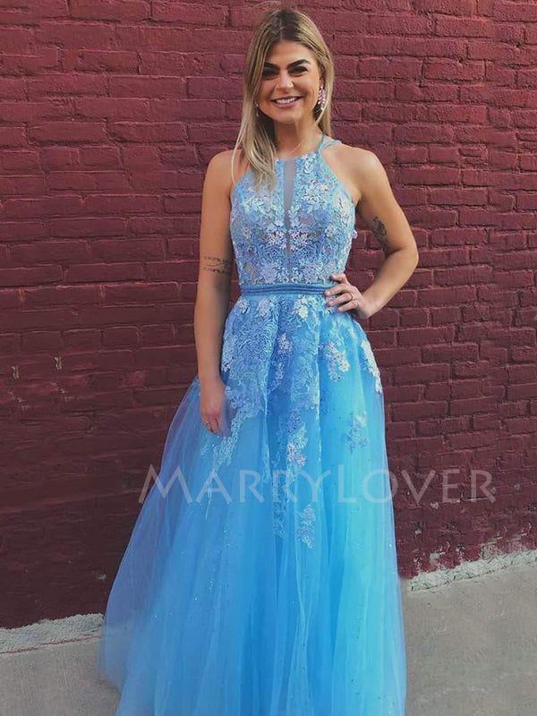 A-line Sky Blue Tulle Appliques Lace Long Evening Prom Dresses, Cheap Custom Prom Dresses, MR7556