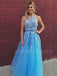 A-line Sky Blue Tulle Appliques Lace Long Evening Prom Dresses, Cheap Custom Prom Dresses, MR7556