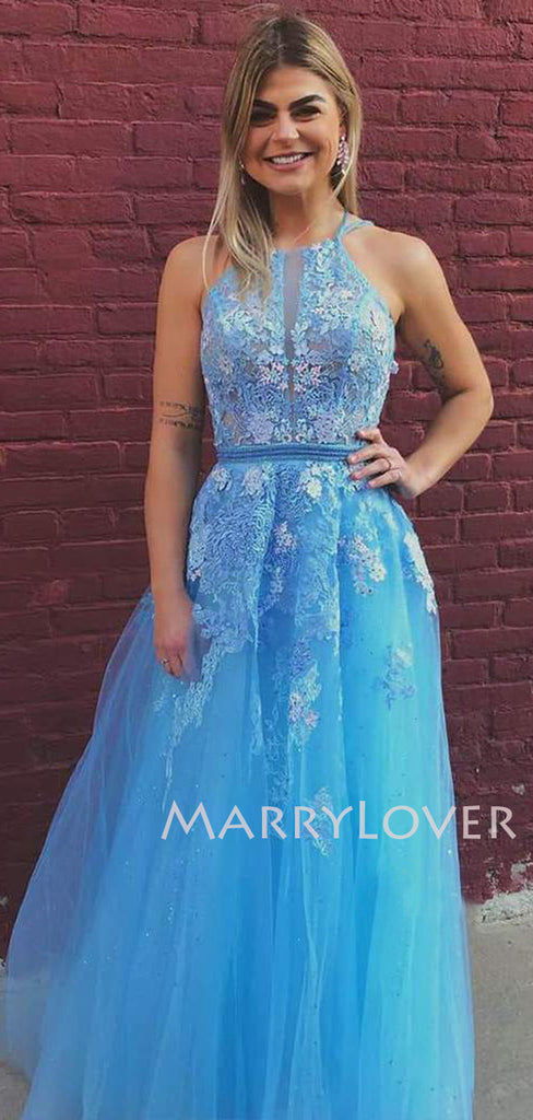 A-line Sky Blue Tulle Appliques Lace Long Evening Prom Dresses, Cheap Custom Prom Dresses, MR7556